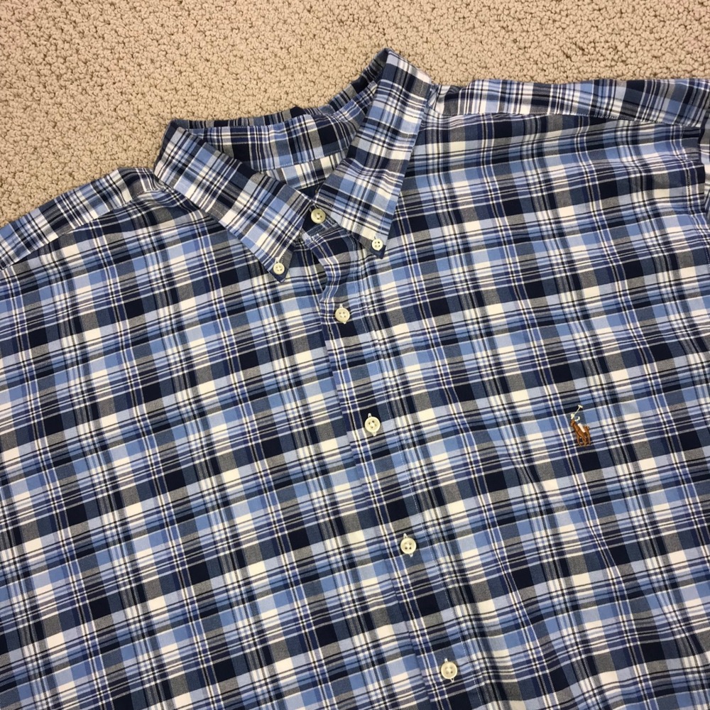 Ralph Lauren Mens 4XLT Blue White Plaid Short Sleeve Button Down Cotton Shirt